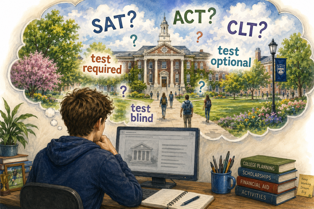 A boy sits at a computer dreaming of college. In the dream are floating terms like SAT and test optional.