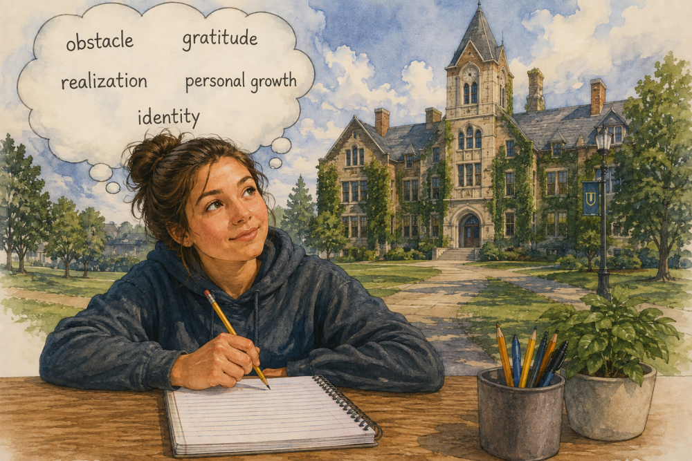 A girl contemplates language from the Common App essay prompts with a college campus in the background.
